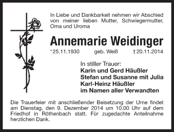 Traueranzeige von Annemarie Weidinger von Pegnitz-Zeitung